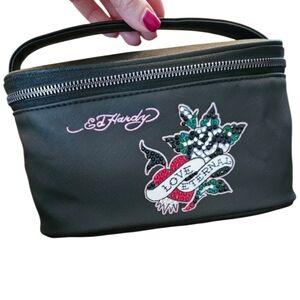 NEW Ed Hardy Black Embroidered LOVE ETERNAL Cosmetic Top Handle Bag